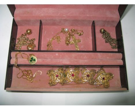 A 9ct Gold Cross Pendant, filigree gilt panel bracelet, enamel clover leaf pendant stamped "18ct", chains, etc, contained in 