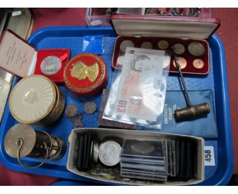 A Ten Pound Note, coin set 1967, crowns, other coins, medals, mini miners lamp, little lady harmonica, etc:- One Tray