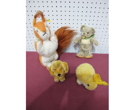 Four Steiff Soft Toy Animals, 1960's and later, including growler bear, retriever puppy, baby rabbit, red squirrel. 