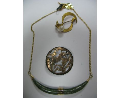 An Openwork Brooch, set with a single pearl, stamped; a further brooch and a jade set necklace. (3)