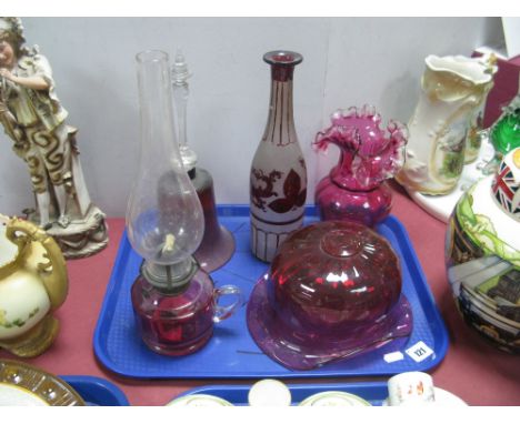 A Cranberry Bulbous Vase, with wavy frill rim, bell, decanter, oil lamp, posy bowl, (some with faults):- One Tray