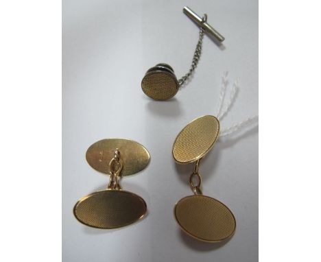 A Pair of Gent's 9ct Gold Cufflinks, each oval panel engine turned, on chain connections, a similar design tie pin, and a cas