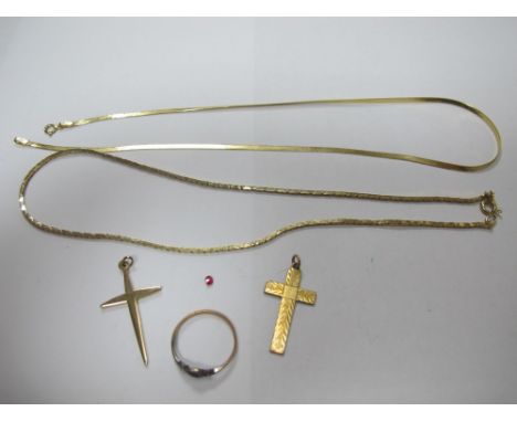 A 9ct Gold Necklace, cross pendants and another chain and a ring.