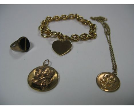 A 9ct Gold Pendant, a 9ct gold ring, pendant on chain and a bracelet.