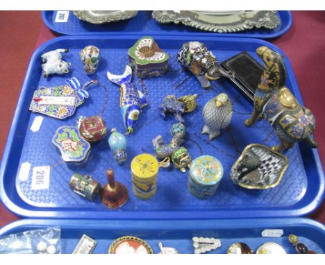 A Collection of Modern Cloisonné Decorative Ornaments, including articulated fish, thermometer, kitten, bell, dogs of foe, pe