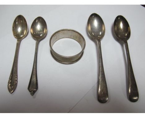 Hallmarked Silver Tea and Coffee Spoons, and a napkin ring. (5)