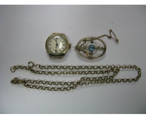 An Edwardian Openwork Brooch, circular collet set to the centre, a belcher link chain (clasp damaged); and a ladies wristwatc