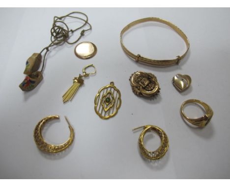 A Rolled Gold Expanding Bangle, earrings, gent's signet style ring, pendants, etc.