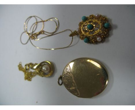 A 9ct Gold Oval Locket Pendant, together with a 9ct gold pendant on chain, of pierced design and a further pendant. 