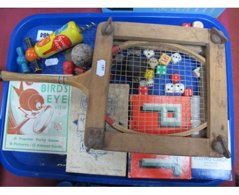 Vintage Games, including 'Birds Eye', 'Pit', various die, golf ball, childs early 1900 racket, playing cards, etc:- One Tray