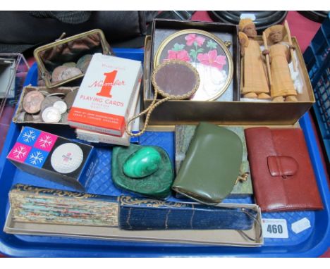 A Malachite Egg and Ashtray, coins, playing cards, fan, etc:- One Tray