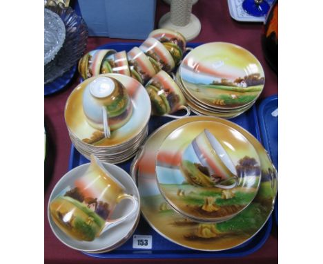 A Noritake China Part Tea Service, handpainted decoration of hay sheaths and cottages in a landscape, (approximately thirty-f