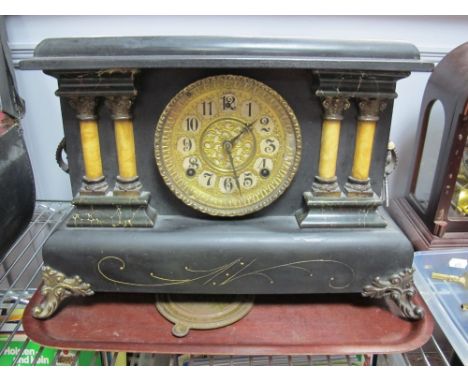 A Late XIX Century Ebonised Cased American Mantel Clock with split pilasters, stamped 'Gilbert' to gilt pierced dial.
