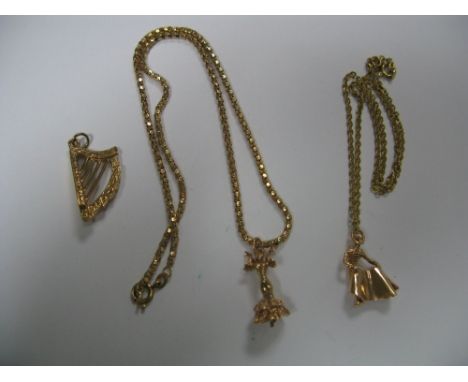 A Fancy Link Chain, stamped "750", suspending pendant; a 9ct gold harp pendant and a further pendant on chain. 