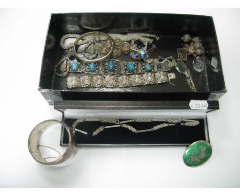 A Chester Hallmarked Silver Wide Bangle, foliate detailed to the front, hinged to snap clasp, Siam Sterling enamel brooch, bu