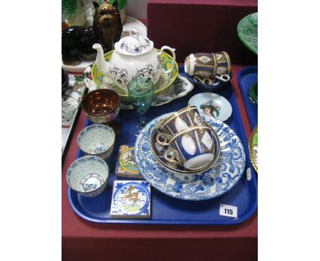 A Victorian Transfer Printed Stand, copper lustre goblet, tin glazed bowl and tiles, Oriental tea cups, Victorian tea cups an