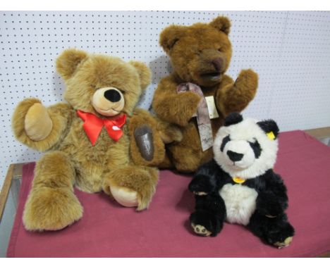 Three Modern Teddy Bears by Steiff and Gund, Steiff Manschili Panda, Steiff Bobby Bear, Gund Honey Grams Bear.