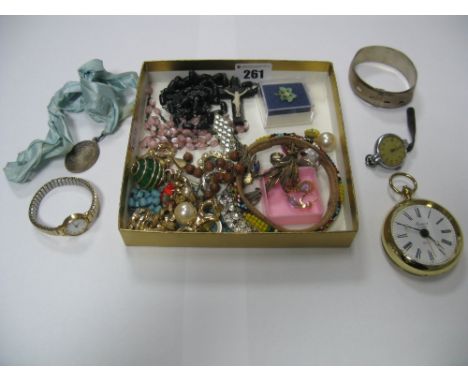 An Engine Turned Bangle, stamped "Sterling Silver", wristwatch, bangle, Rosary beads, brooches, etc. 