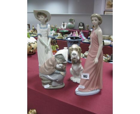 Four Nao Models, including lady wearing a bonnet, lady in evening dress, a country girl with duck and a seated dog. (4):- One