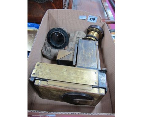 A Pre-War Metal and Wood Construction Camera, prism viewfinder, no markings present to designate camera maker; two camera len