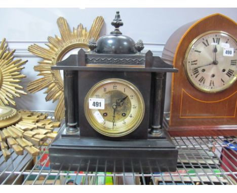 A Late XIX Century Black Slate Cased Mantel Clock, eight day movement, black numerals to cream chapter ring.