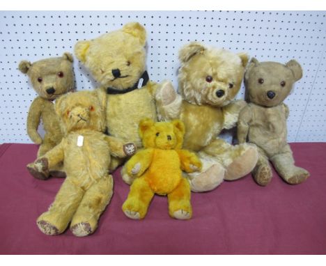 Six Mid XX Century and Later Teddy Bears by Chad Valley and Others, 23-48cm, well loved.