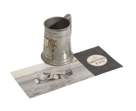 SILVERSTONE MOTOR-RACING TROPHY AWARD 1955 A decorated tankard bearing applied badge motifs for BRDC &amp; BRSCC inscribed to