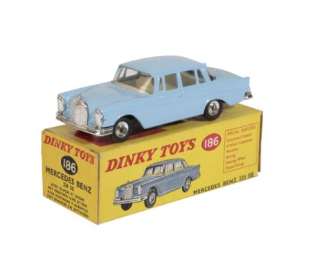 DINKY TOYS MERCEDES BENZ 220 SE (186) light blue with white interior, silver hubs, near mint with very good box