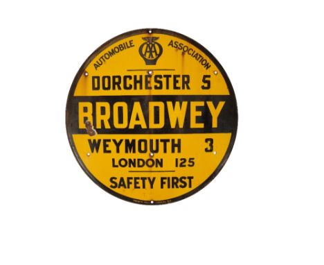 DORCHESTER, BROADWAY AND WEYMOUTH ORIGINAL ENAMEL ROAD SIGN original Automobile Association single-sided road sign, circular 