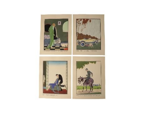 QUATRE PROVERBES' par TITO - HUMOROUS PRINTS c1920s a group of four French pochoir hand-coloured lithograph prints depicting 