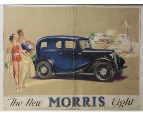 THE NEW MORRIS EIGHT' - original poster c1935 art-deco backdrop artwork to chromo-lithograph design in bright colours