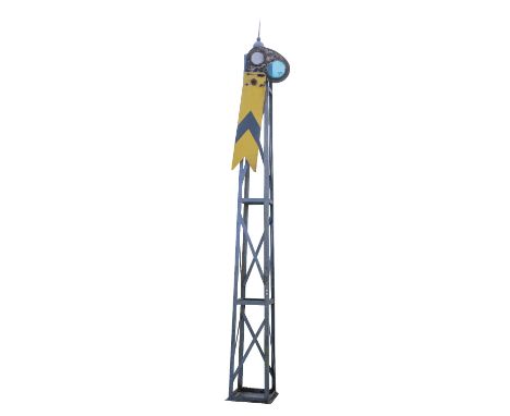 RAILWAY SIGNAL POST AND SIGNAL a large steel frame pyramid structure, with a pointed finial, and a yellow and black signal, w