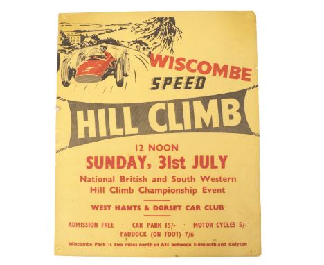 WISCOMBE PARK SPEED HILL CLIMB - Original poster for the event c1960 a scarce promotional poster for WH&amp;DCC with graphic 