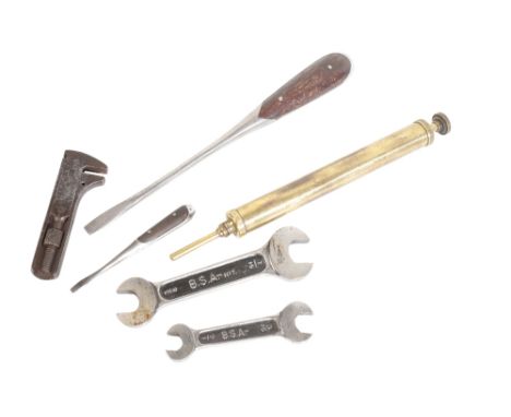 ORIGINAL HAND-TOOLS FOR THE VINTAGE MOTORCAR to include BSA spanners, adjustable spanner, mechanical oil can, a brass oil lub