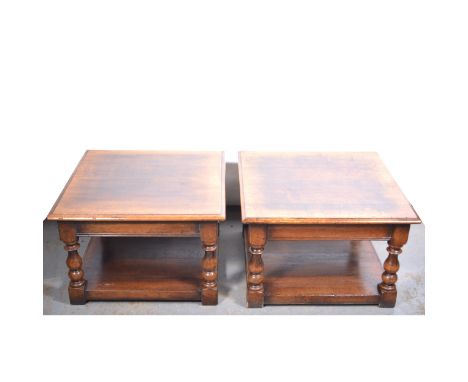 Titchmarsh &amp; Goodwin two modern oak lamp tables, square tops, turned legs joined by a shelf, top 61cm x 61cm, height 46cm