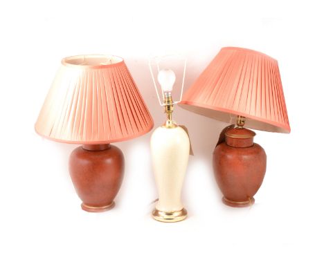 Pair of modern pottery table lamps, with pleated shades, and another table lamp.