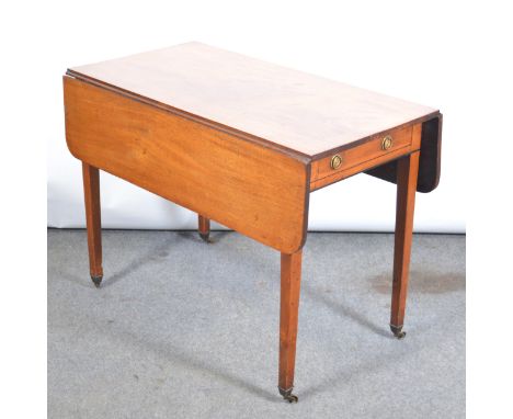 Mahogany Pembrook table, square tapered legs and grass casters, single draw, brass ring handles, dummy draw to opposite side,