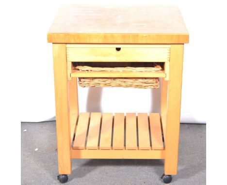 Kitchen oak and pine mobile chopping block, with drawer, cane basket and slatted shelf, 66x56cm, height 84cm.