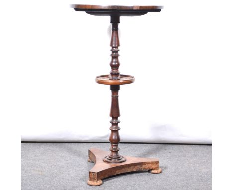 Victorian walnut occasional table, circular top, turned column with shelf, triform base, diameter 41cm, height 73cm.