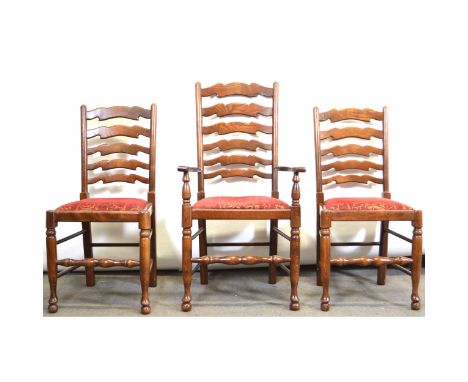 Set of four beech and ash dining chairs, wavy ladder backs, drop-in upholstered seats, turned legs with turned rails includin