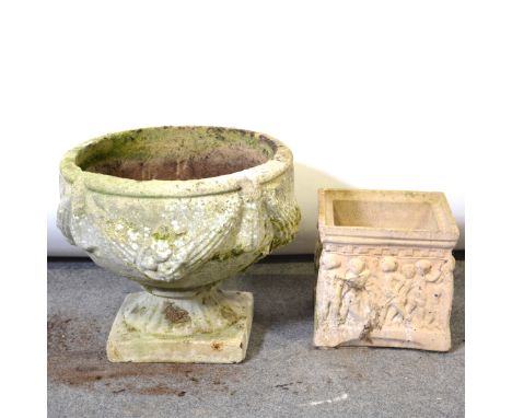 Small pedestal garden urn, swagged bowl on associated plinth; and a small reconstituted stone square planter.