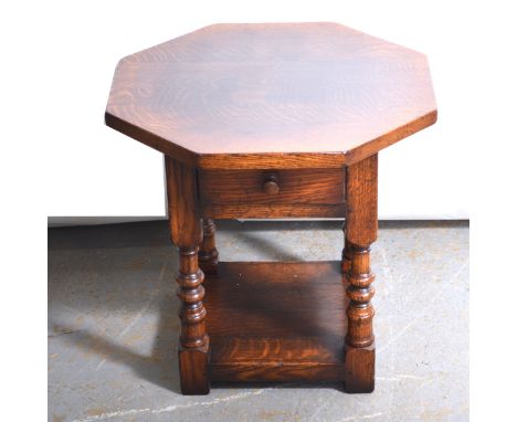 Titchmarsh &amp; Goodwin small modern oak lamp table, octagonal top, frieze drawer, turned legs joined by a shelf, top 52x52c