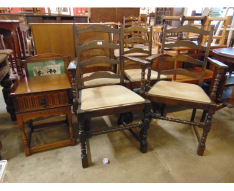 A set of four oak ladderback dining chairs, a barleytwist fire screen and a bedside table 