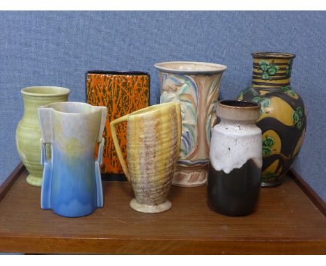 Seven assorted ceramic pottery vases, including Beswick, West German, etc. 