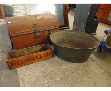 A small tin trunk, a Rolls-Royce advertising trug and one other 
