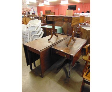 A Regency mahogany drop-leaf pedestal sofa table, a George III mahogany drop-leaf table and a mahogany drop-leaf occasional t