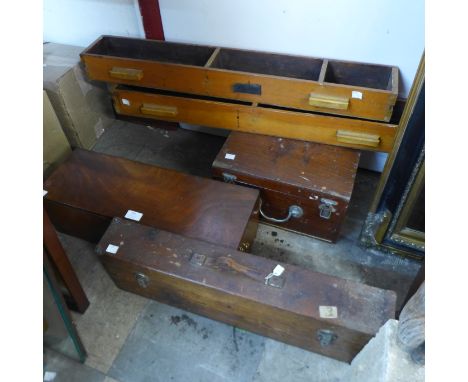 Two vintage mahogany boxes, a pine box and two pine drawers 