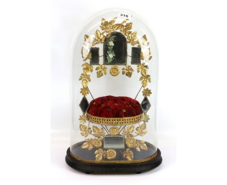 A 19th century French marriage stand under glass dome,  ( globe de mariee ) H. 52cm.