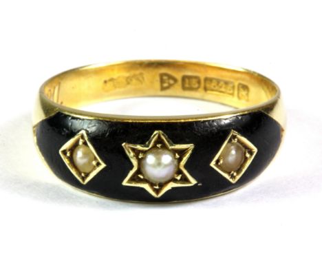 A gentleman's Edwardian 15ct yellow gold enamelled ring set with seed pearls, inscribed in the inside "Brother, July 17th 191