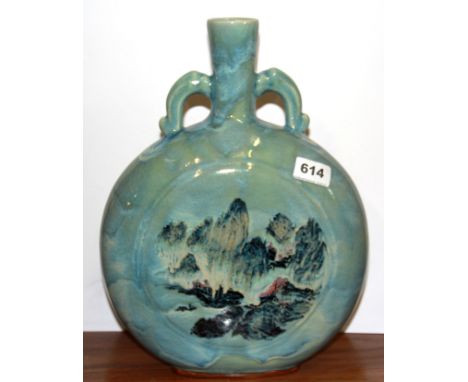 A mid 20th century Chinese hand painted porcelain moon vase decorated with Li river scenes, H. 36cm.